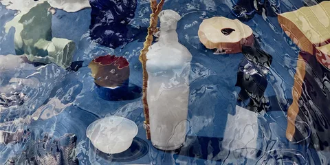 Objets artistiques variés déformés par l'eau sur une surface bleue.