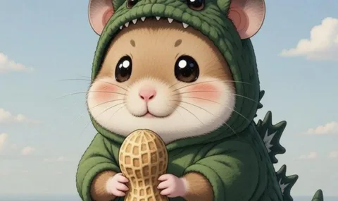 Hamster déguisé en dinosaure tenant une cacahuète, ciel en arrière-plan.