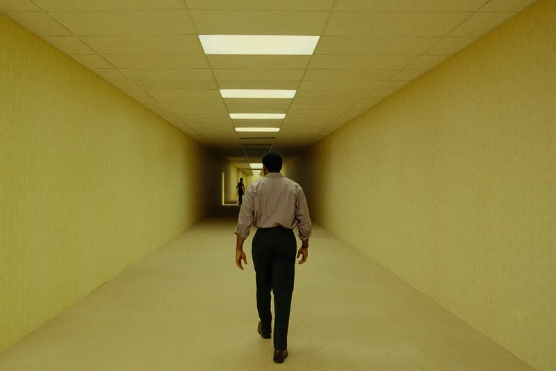 Homme marchant dans un long couloir éclairé, une autre silhouette au loin.
