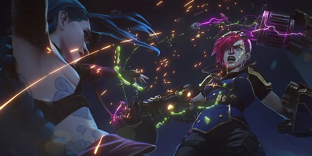 Deux personnages en combat intense avec des éclairs et des armes brillantes.
