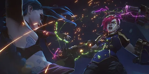 Deux personnages en combat intense avec des éclairs et des armes brillantes.