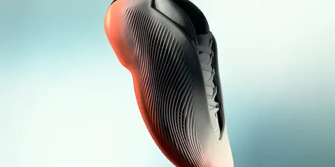 Chaussure moderne avec design futuriste et lumineux, flottant dans l'espace.