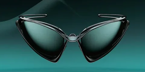Lunettes de soleil futuristes sur fond vert, forme triangulaire élégante.