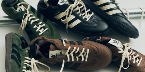Chaussures adidas Samba en cuir noir et marron, et en daim vert.