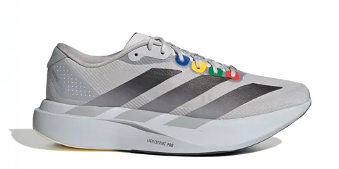 Chaussure de sport blanche avec détails colorés et rayures noires sur le côté