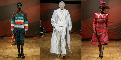 Défilé de mode avec tenues colorées et excentriques.