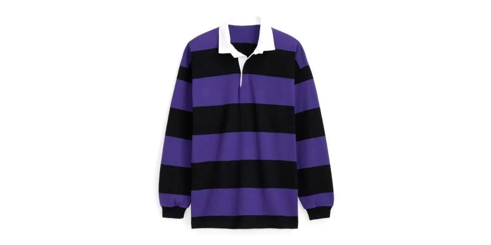 Rugby shirt violet et noir à rayures, col blanc.