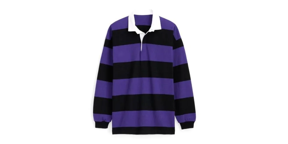 Rugby shirt violet et noir à rayures, col blanc.