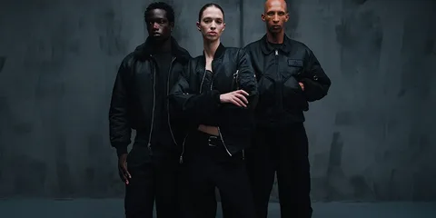 Trois mannequins en vêtements noirs posent devant un fond sombre.