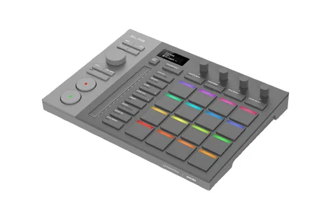 Contrôleur MIDI gris avec boutons et pads colorés