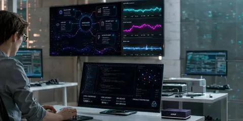 Personne au bureau avec des écrans montrant des données et des graphismes.