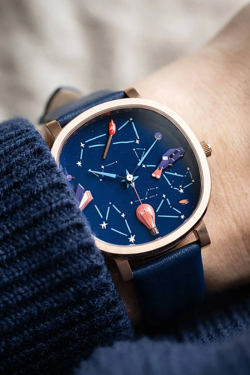 Montre avec motifs célestes sur un bracelet bleu.