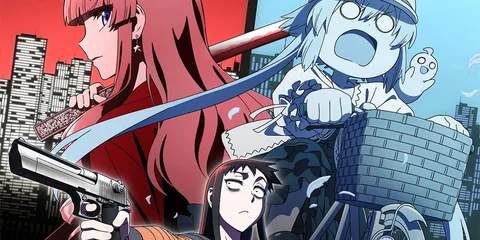 Illustration anime : jeune femme armée et personnage bleu devant une ville.