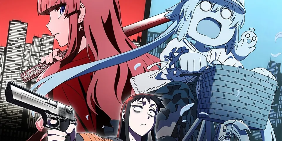Illustration anime : jeune femme armée et personnage bleu devant une ville.