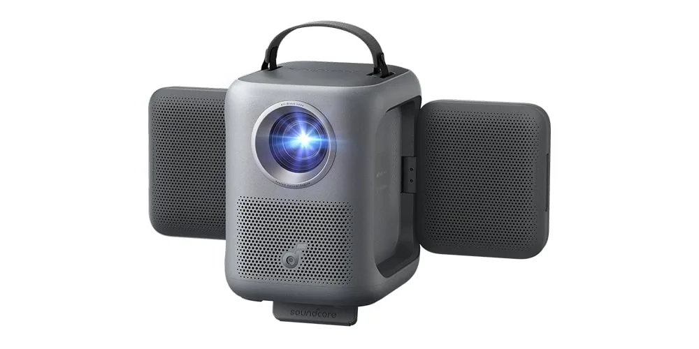 Projecteur portable moderne avec haut-parleurs intégrés et lumière bleue active.