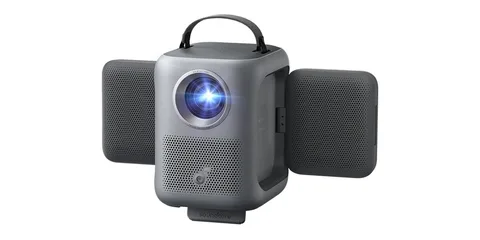 Projecteur portable moderne avec haut-parleurs intégrés et lumière bleue active.