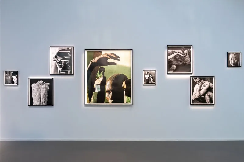 Exposition de photos encadrées sur un mur bleu.