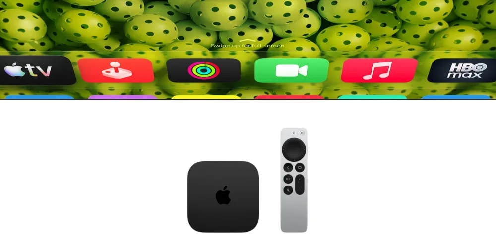 Écran d'Apple TV avec télécommande et applications affichées.