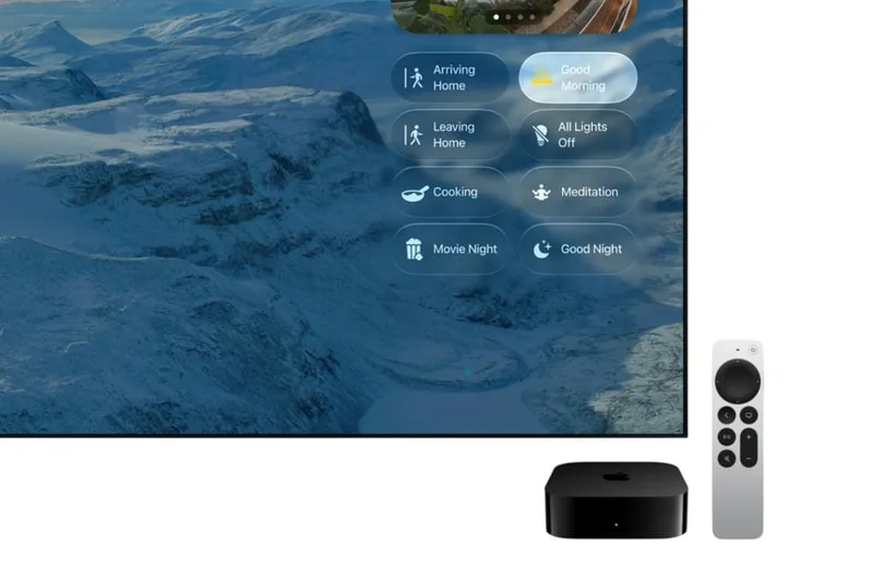 Télévision avec interface de commande et télécommande sur fond de montagne enneigée.