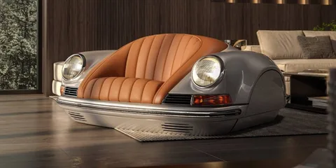 Fauteuil design inspiré par une voiture classique dans un salon élégant.