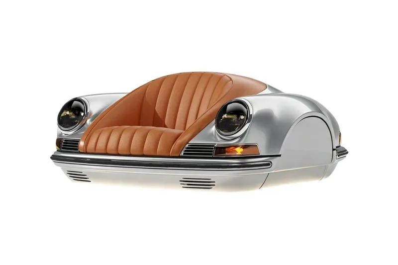 Chaise design en forme de voiture vintage avec sièges marron et gris métallisé.