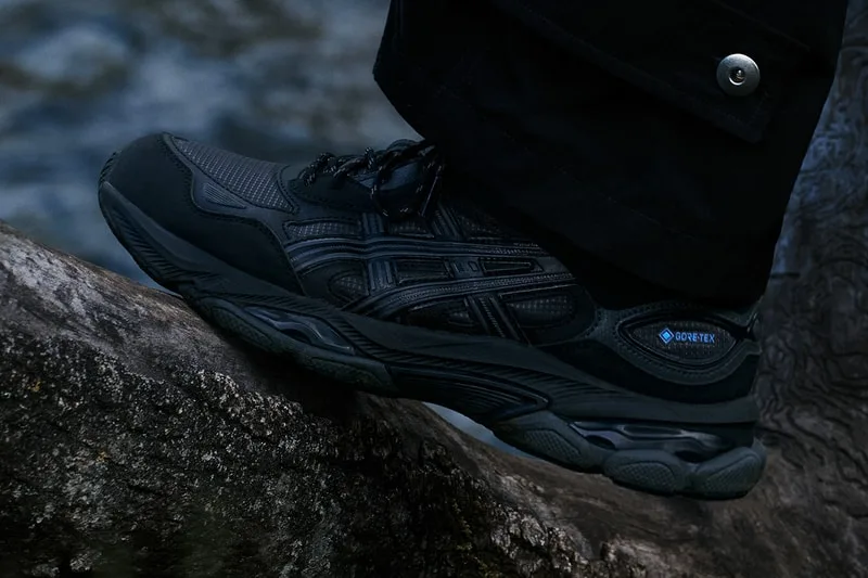 Chaussure de randonnée noire sur une branche en bois.