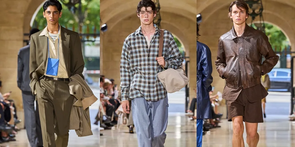 Défilé de mode masculine, tenues décontractées et élégantes.
