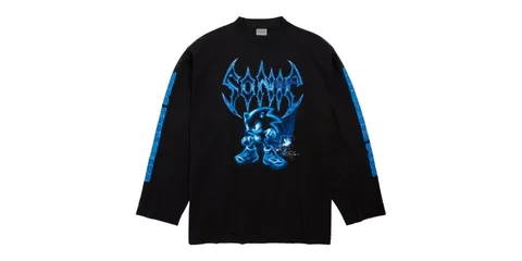 T-shirt noir avec motif bleu sur l'avant et les manches