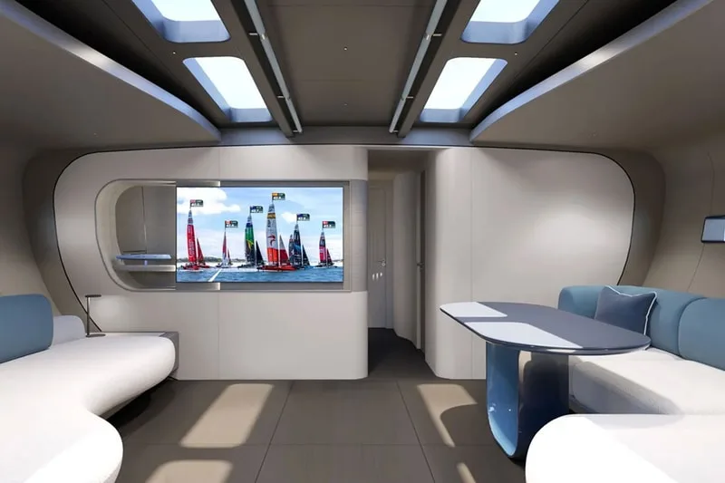 Intérieur moderne d'un yacht avec un écran affichant une course de voiliers.