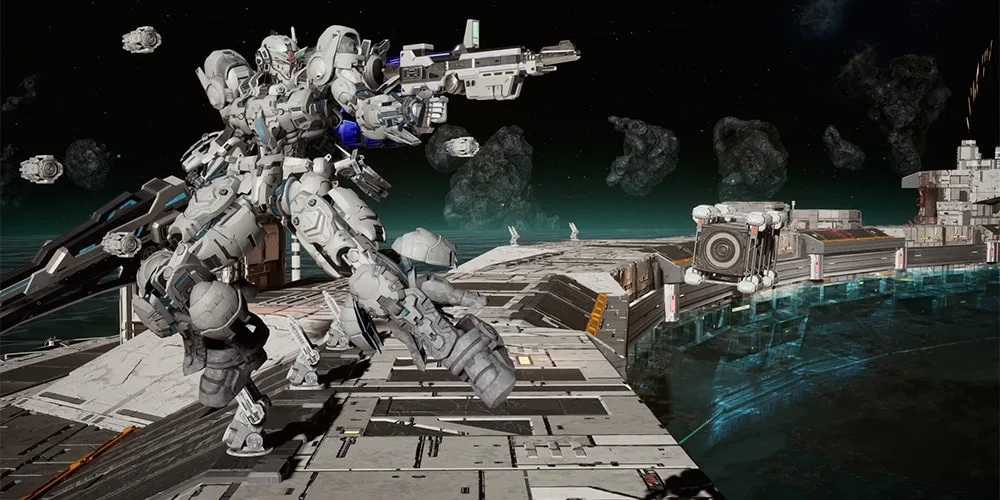 Un robot géant sur une plateforme spatiale avec des astéroïdes en arrière-plan.