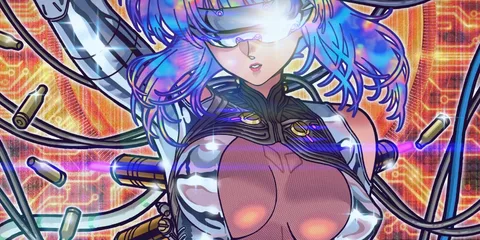 Femme cyberpunk avec câbles et implants high-tech, fond circuit imprimé.