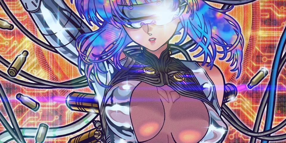 Femme cyberpunk avec câbles et implants high-tech, fond circuit imprimé.
