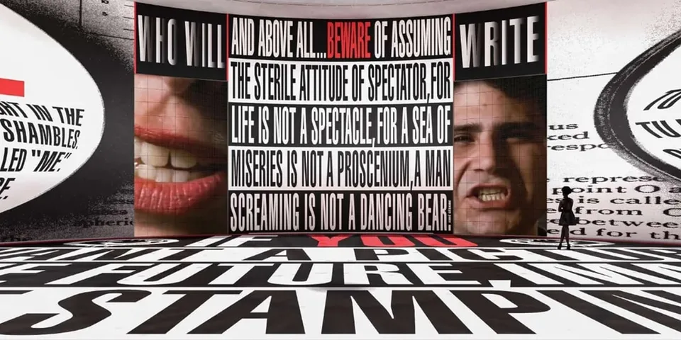 Texte avertissant que la vie n'est pas un spectacle avec des images de visages et de bouches.