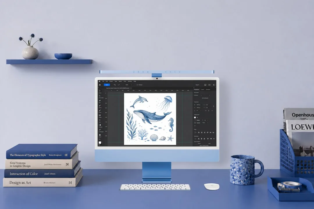 Bureau bleu avec écran affichant des illustrations de baleines, livres et tasse.