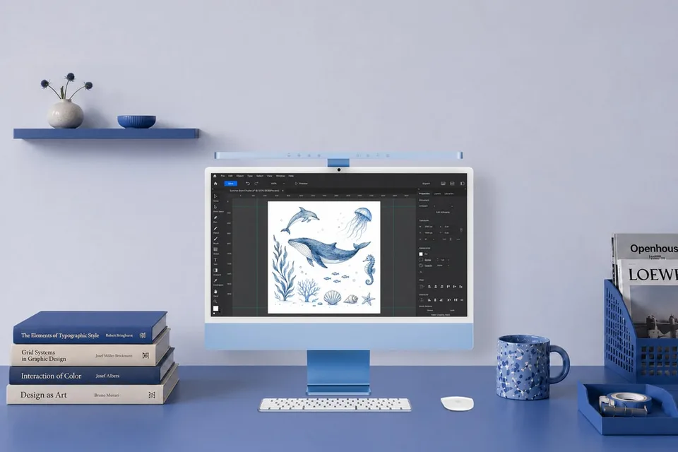 Bureau bleu avec écran affichant des illustrations de baleines, livres et tasse.