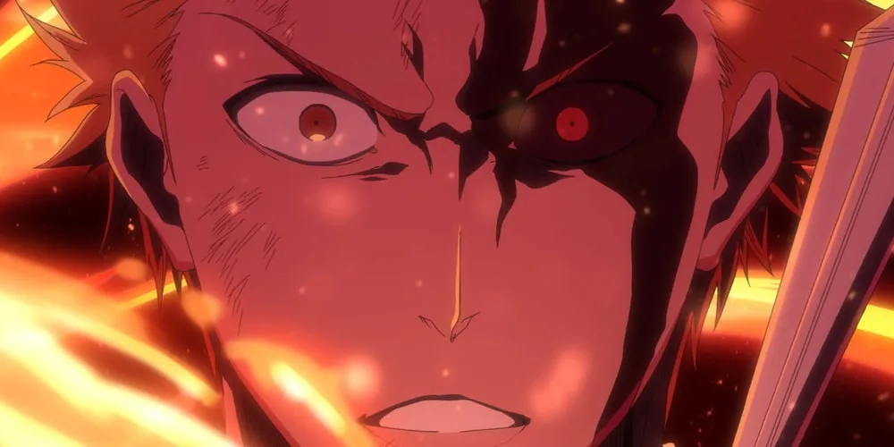 Gros plan sur un guerrier animé au regard déterminé, entouré de flammes.