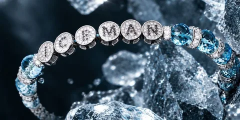Bracelet de diamants et pierres bleues posé sur de la glace