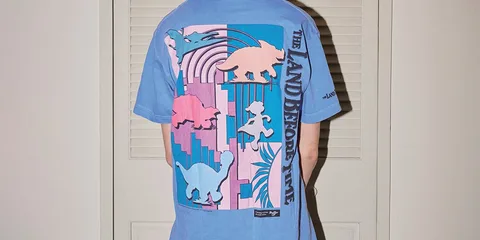 Dos d'un t-shirt bleu avec motifs de dinosaures et texte.