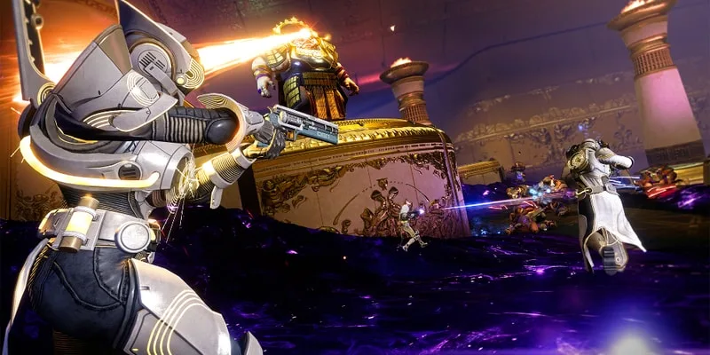 Personnages en armure futuriste dans un combat intense avec des armes d'énergie.