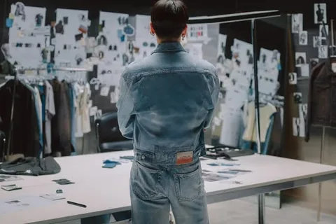 Personne de dos dans un studio de design avec des plans sur un mur.