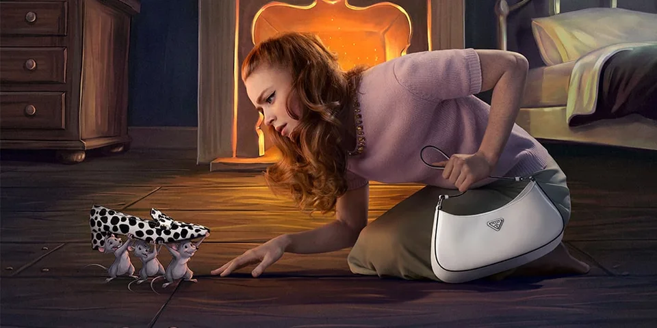 Une jeune femme observe de petits animaux près d’une cheminée.