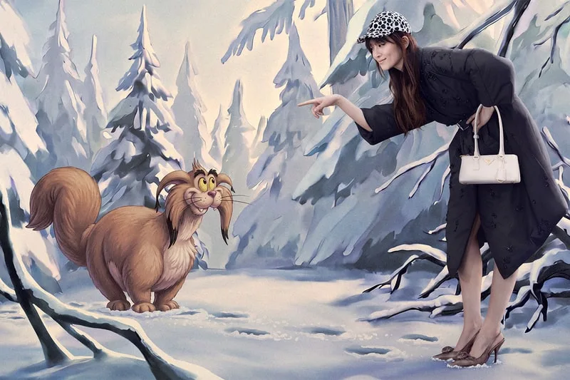 Campagne Prada fêtes 2026 : l’animateur Disney John Pomeroy, Miuccia Prada et Raf Simons, avec Sadie Sink, Maya Hawke, Chen Haoyu, Luther Ford et Kelvin Harrison Jr.