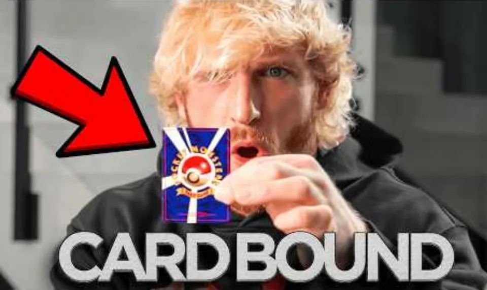 Homme avec carte Pokemon, flèche rouge et texte 'CARD BOUND'