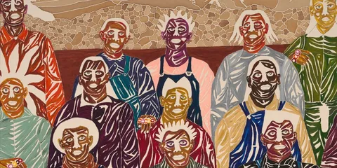 Illustration colorée de plusieurs personnages, style abstrait.