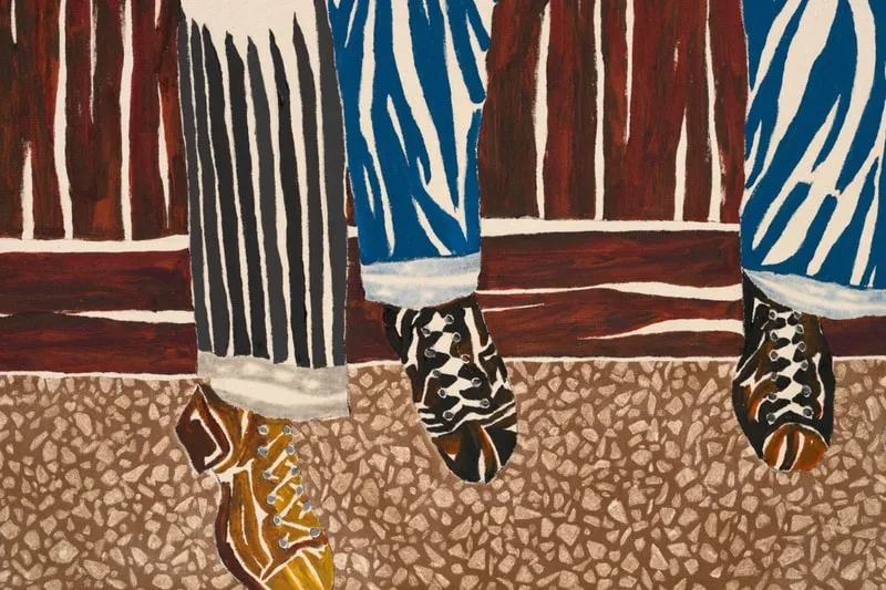 Illustration de chaussures sur sol et fond coloré en rayures.