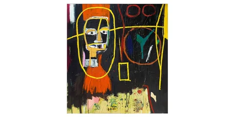 Peinture abstraite avec visage, cercles et motifs colorés.