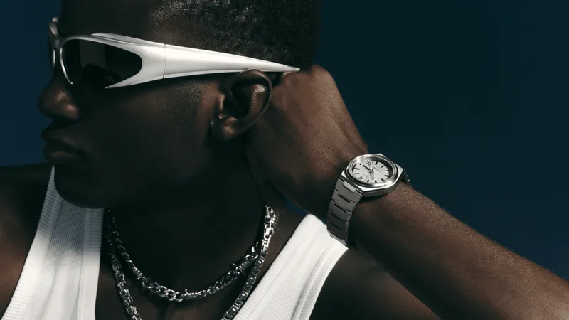Homme avec lunettes de soleil, montre et collier argent, fond sombre.