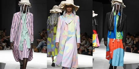 Défilé de mode avec tenues colorées et chapeaux excentriques.