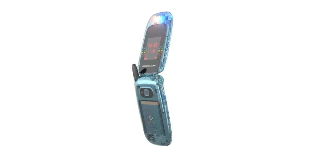 Téléphone rétro bleu translucide ouvert avec antenne.