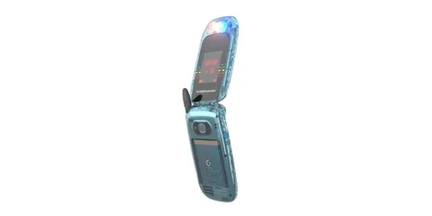 Téléphone rétro bleu translucide ouvert avec antenne.